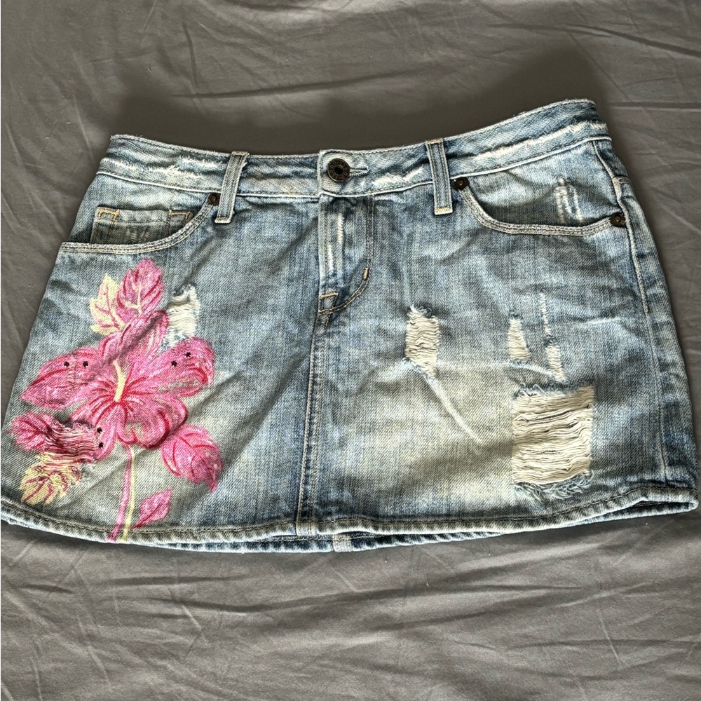 Denim Mini Skirt with Pink Floral Design